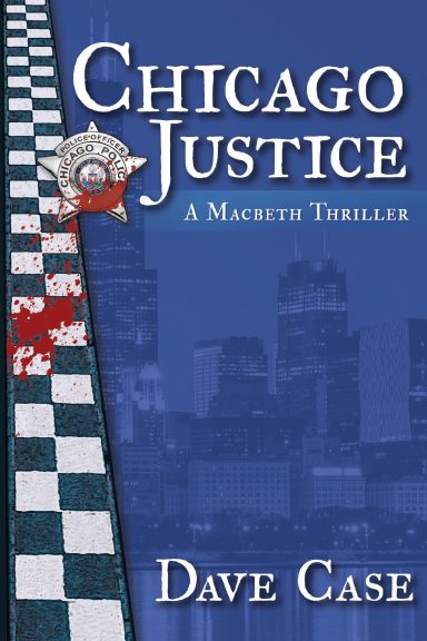 Book cover featuring a chessboard with bloodstains and a police badge, titled "Chicago Justice."