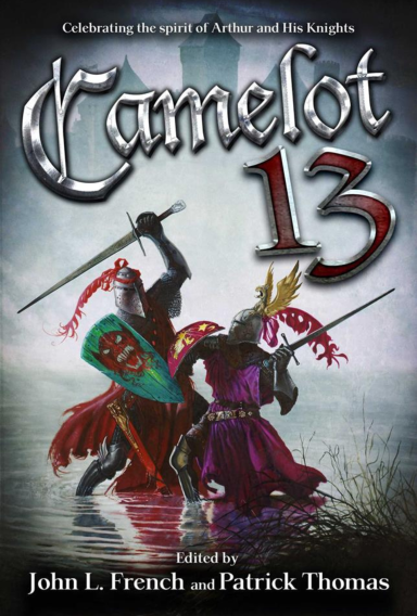 Two knights in armor, one red and one blue, poised for battle in a dark, misty setting.